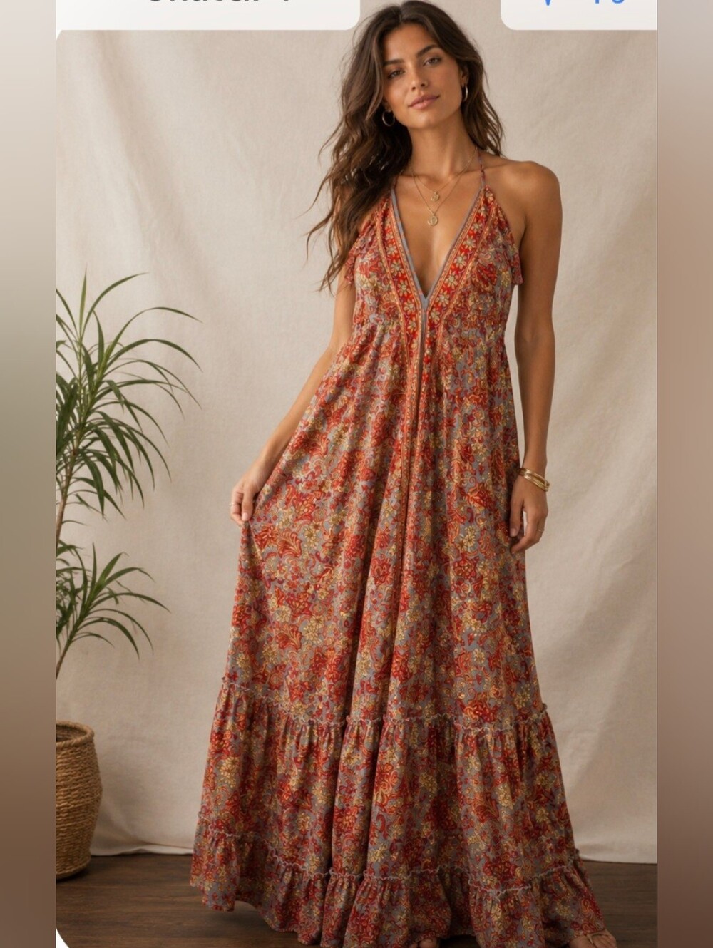 Zury Red Paisley Maxi Slip Dress with Deep V-Neck 70% Silk Boho Chic OS